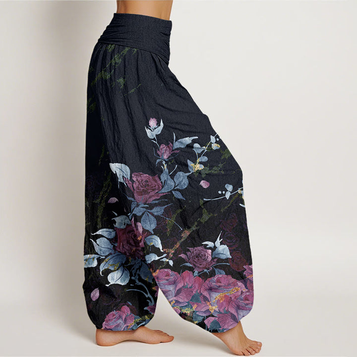 Buddha Stones Blooming Roses Pattern Women's Elastic Waist Harem Pants - image 5
