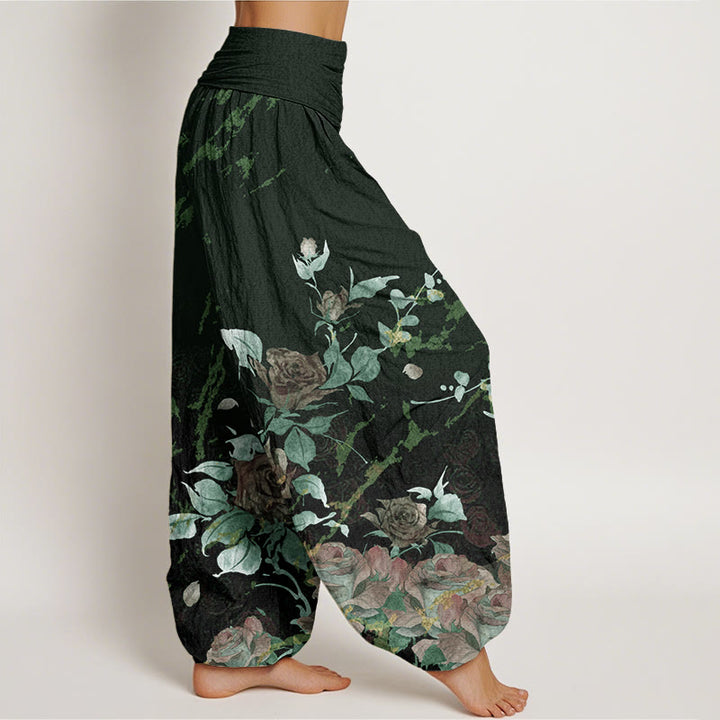 Buddha Stones Blooming Roses Pattern Women's Elastic Waist Harem Pants