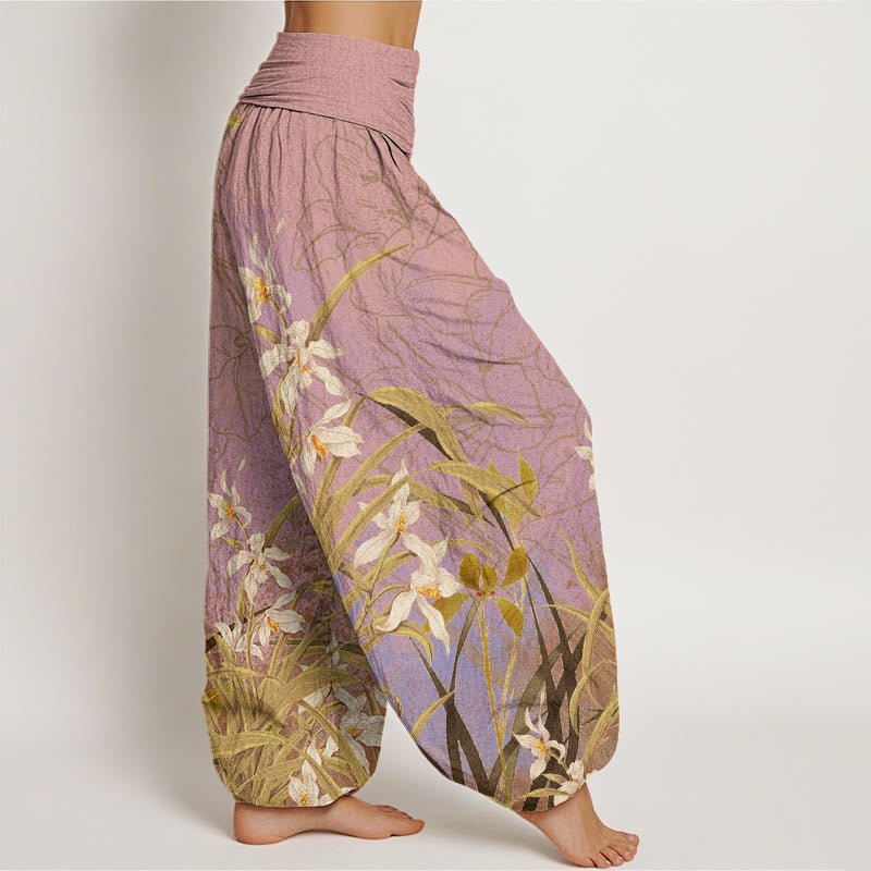 Buddha Stones White Flowers Yellow Green Leaves Grass Pattern Women's Elastic Waist Harem Pants