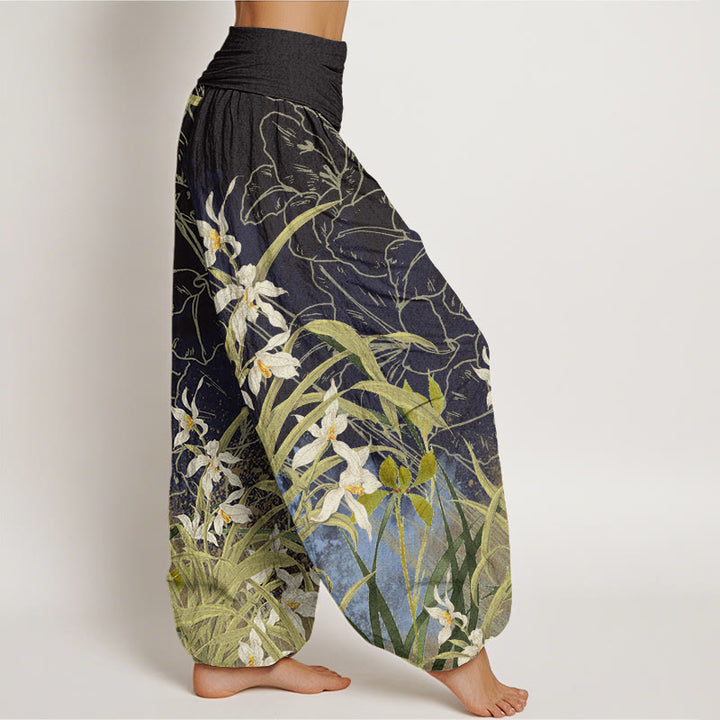 Buddha Stones White Flowers Yellow Green Leaves Grass Pattern Women's Elastic Waist Harem Pants