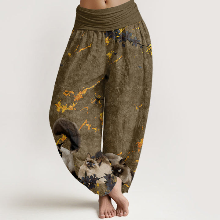 Buddha Stones Siamese Cats Flower Coin Pattern Women's Elastic Waist Harem Pants