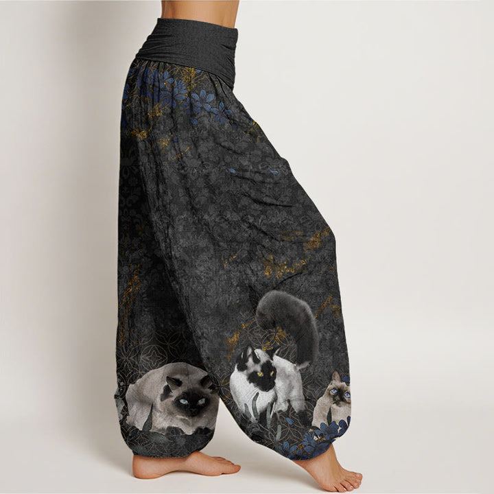 Buddha Stones Siamese Cats Flower Coin Pattern Women's Elastic Waist Harem Pants