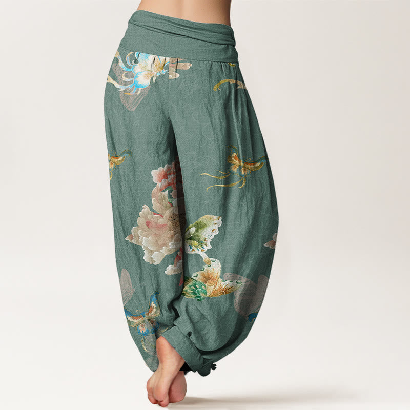 Buddha Stones Chrysanthemums Butterflies Pattern Women's Elastic Waist Harem Pants