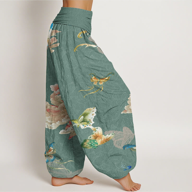 Buddha Stones Chrysanthemums Butterflies Pattern Women's Elastic Waist Harem Pants