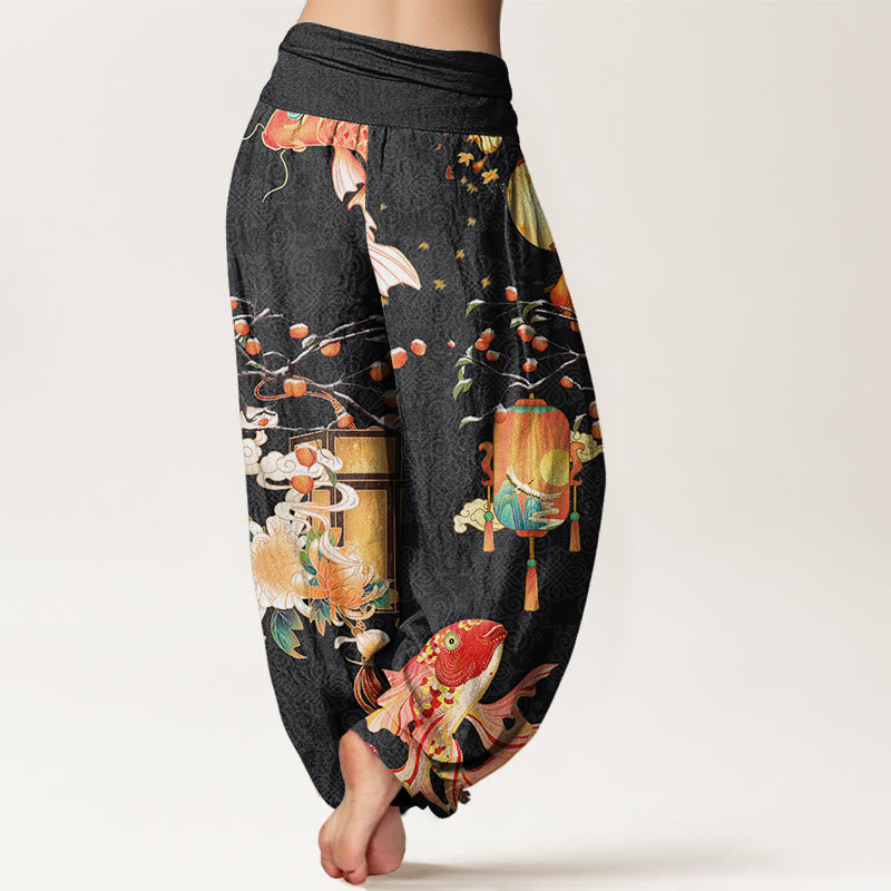 Buddha Stones Koi Fish Lanterns Chrysanthemums Fruit Trees Women's Elastic Waist Harem Pants