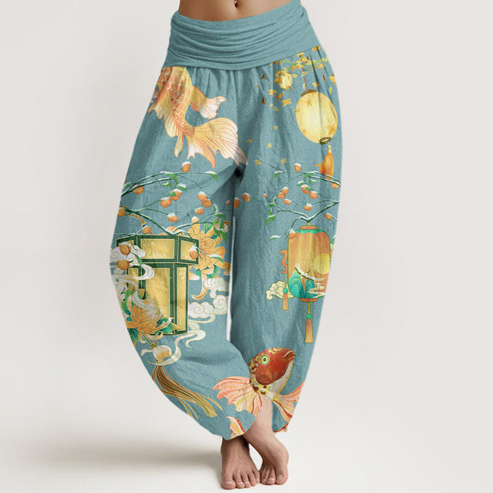 Buddha Stones Koi Fish Lanterns Chrysanthemums Fruit Trees Women's Elastic Waist Harem Pants