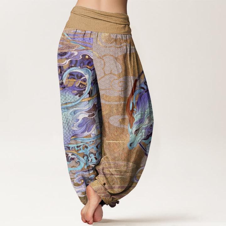 Buddha Stones Dragons Auspicious Clouds Pattern Women's Elastic Waist Harem Pants