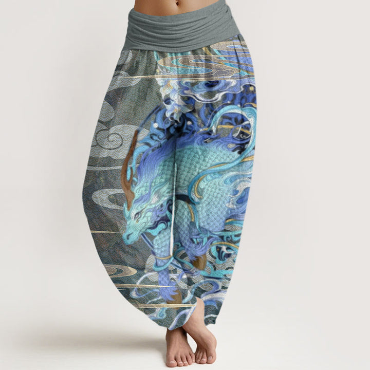 Buddha Stones Dragons Auspicious Clouds Pattern Women's Elastic Waist Harem Pants