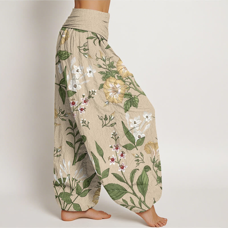 Buddha Stones Flower Plant Pattern Women's Elastic Waist Harem Pants