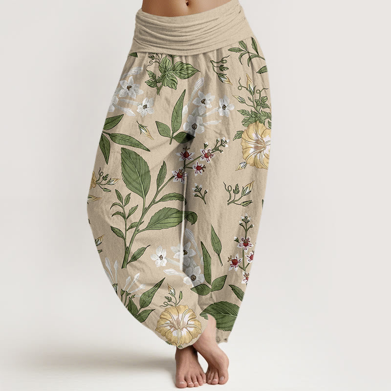 Buddha Stones Flower Plant Pattern Women's Elastic Waist Harem Pants