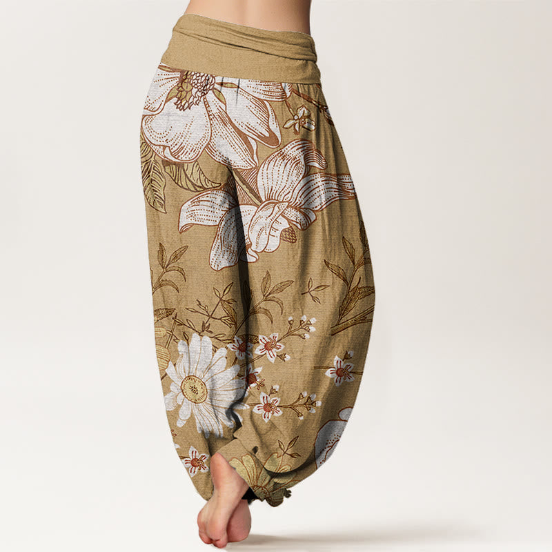 Buddha Stones Daisy White Flowers Pattern Women's Elastic Waist Harem Pants