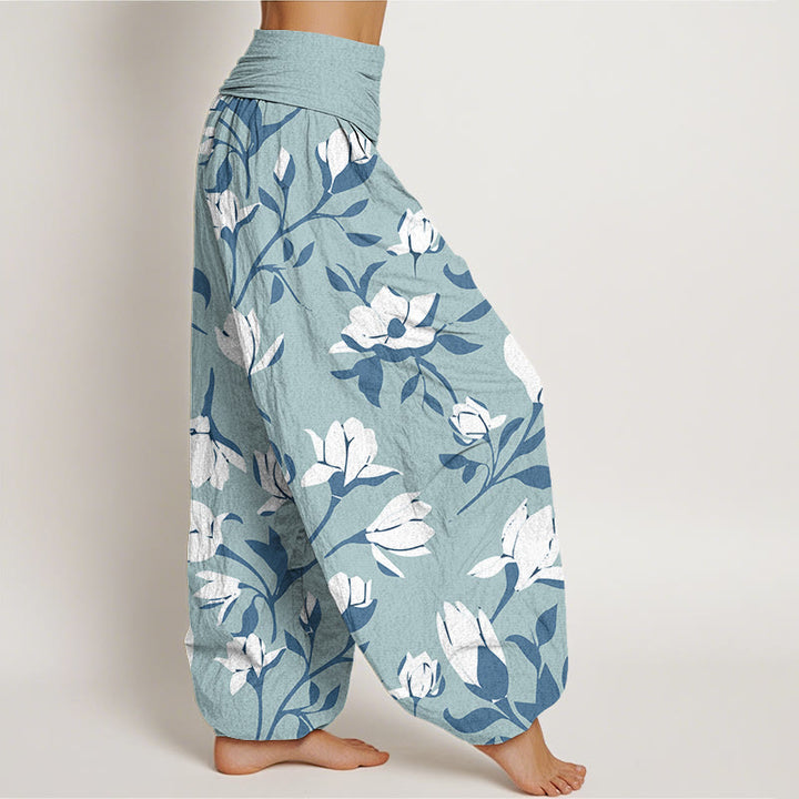 Buddha Stones Retro Magnolia Flowers Women's Elastic Waist Harem Pants