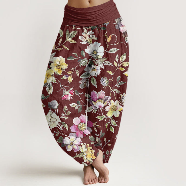 Buddha Stones Elegant Flower Design Women's Elastic Waist Harem Pants