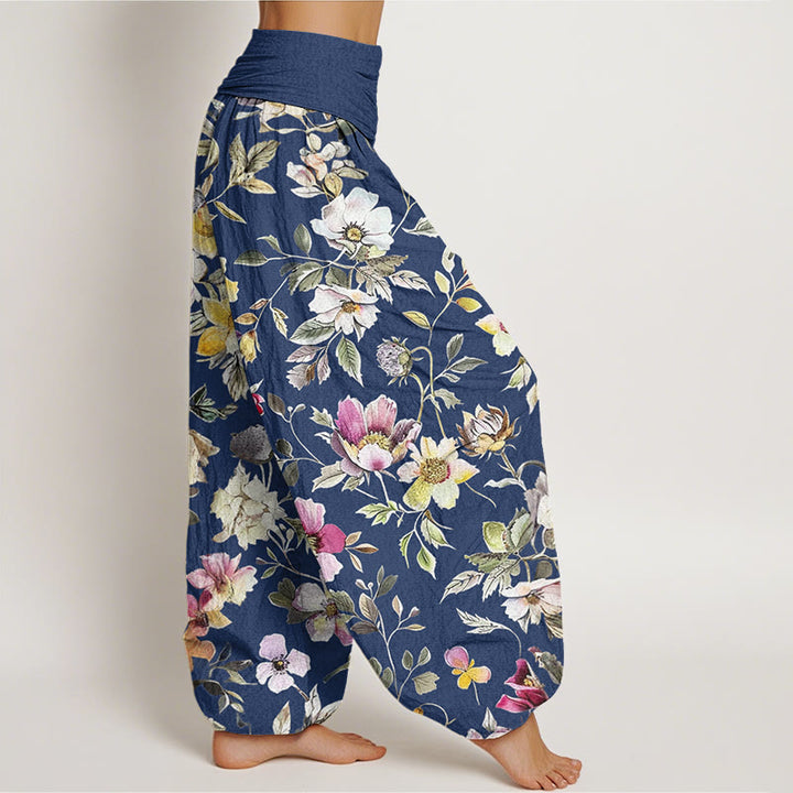 Buddha Stones Elegant Flower Design Women's Elastic Waist Harem Pants