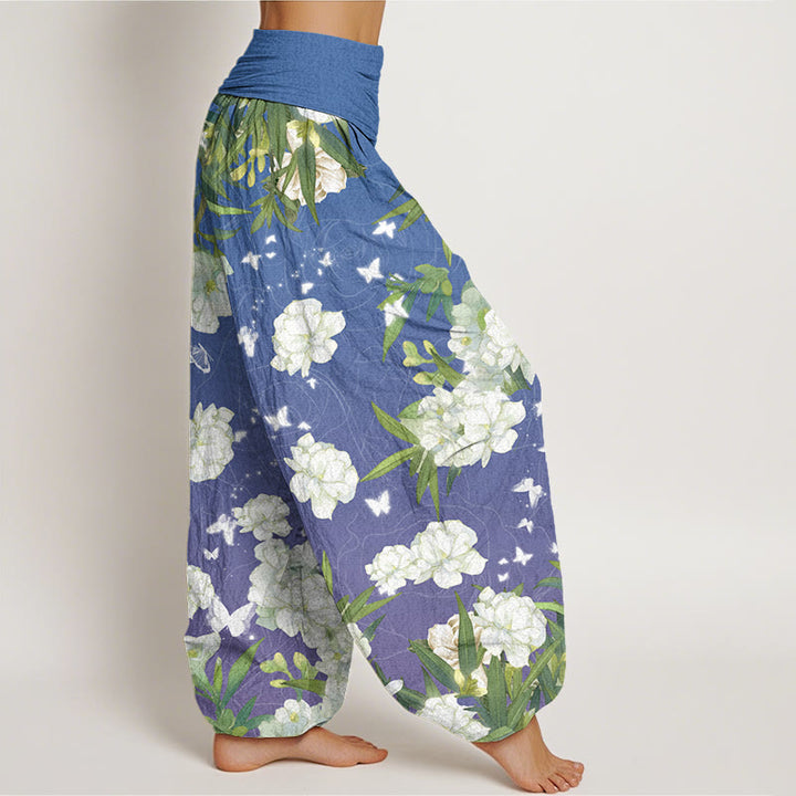 Buddha Stones Casual White Flowers Women's Elastic Waist Harem Pants