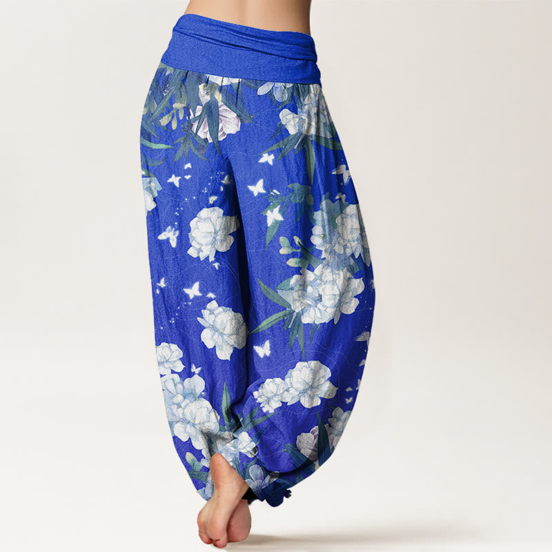 Buddha Stones Casual White Flowers Women's Elastic Waist Harem Pants