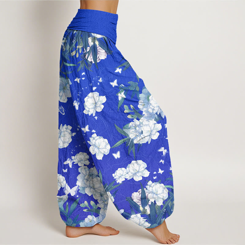 Buddha Stones Casual White Flowers Women's Elastic Waist Harem Pants