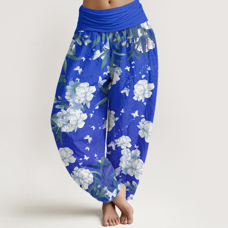 Buddha Stones Casual White Flowers Women's Elastic Waist Harem Pants