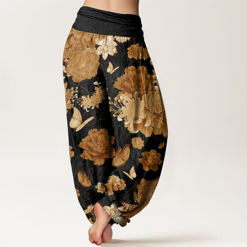 Buddha Stones Peony Flowers Pattern Women's Elastic Waist Harem Pants