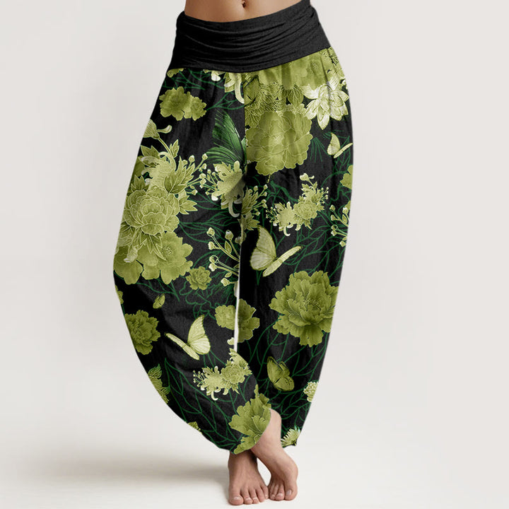 Buddha Stones Peony Flowers Pattern Women's Elastic Waist Harem Pants