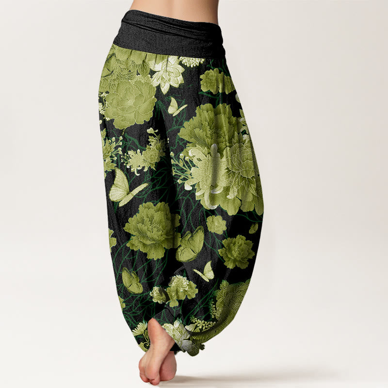 Buddha Stones Peony Flowers Pattern Women's Elastic Waist Harem Pants