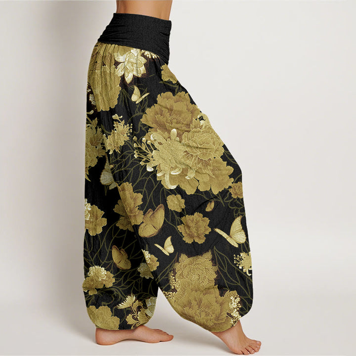 Buddha Stones Peony Flowers Pattern Women's Elastic Waist Harem Pants