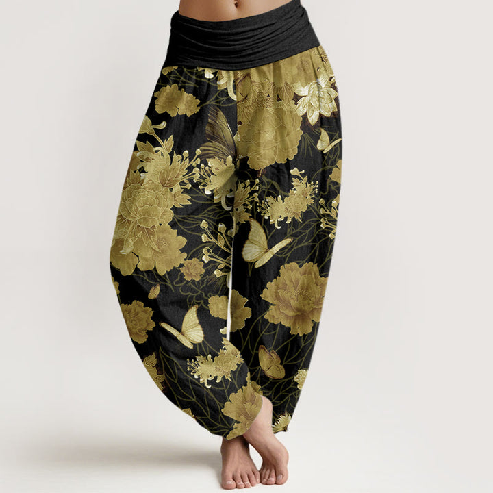 Buddha Stones Peony Flowers Pattern Women's Elastic Waist Harem Pants