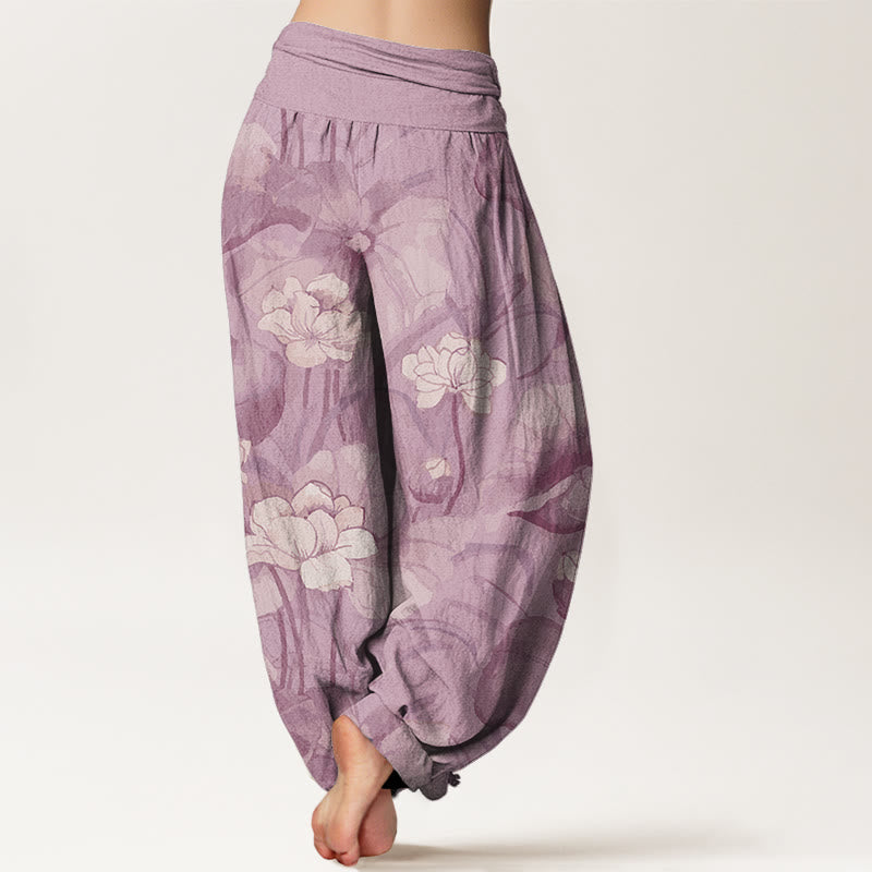 Buddha Stones Lotus Design Women's Elastic Waist Harem Pants