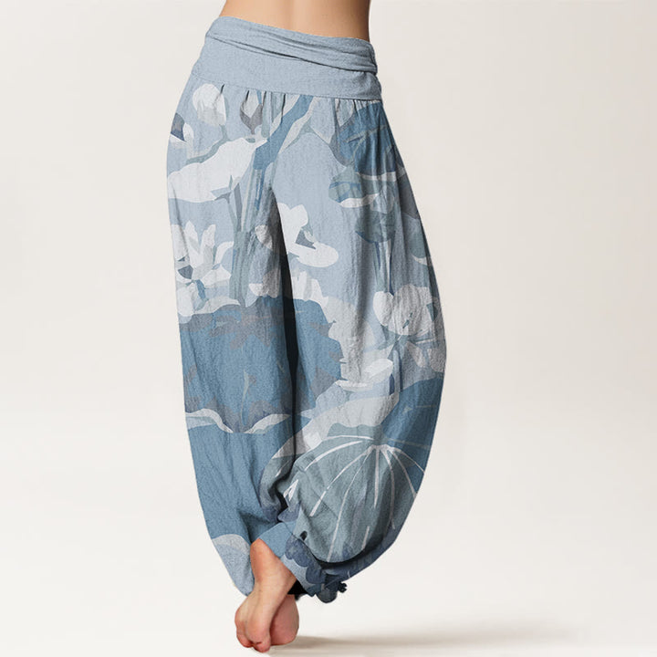 Buddha Stones Lotus Leaves Design Women's Elastic Waist Harem Pants