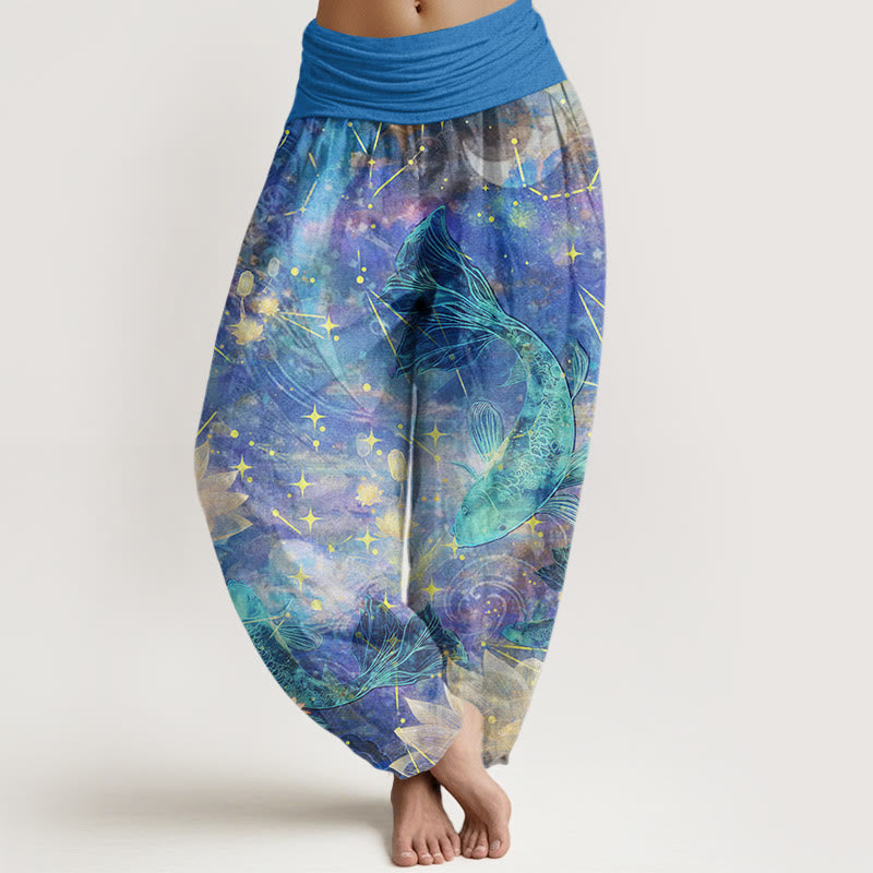 Buddha Stones Cotton Koi Fish Lotus Moon Stars Pattern Women's Elastic Waist Harem Pants - CornflowerBlue - US22，UK/AU26，EU54 (6XL) - image 0