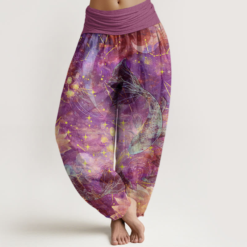 Buddha Stones Koi Fish Lotus Moon Stars Pattern Women's Elastic Waist Harem Pants