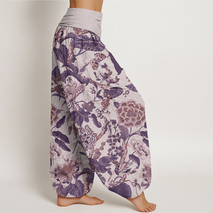 Buddha Stones Lotus Leaf Peony Pattern Women's Elastic Waist Harem Pants