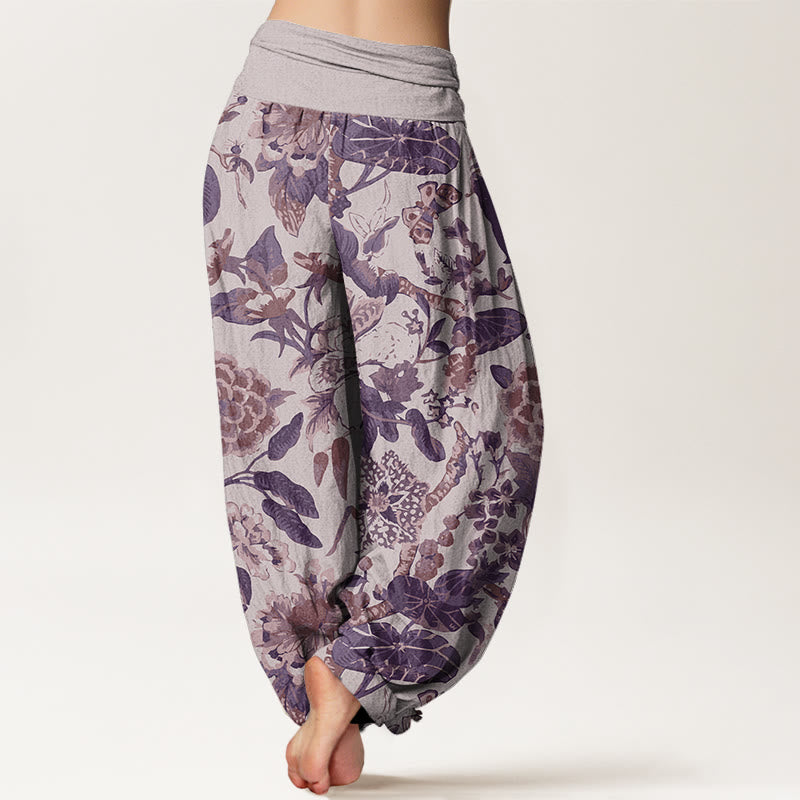 Buddha Stones Lotus Leaf Peony Pattern Women's Elastic Waist Harem Pants