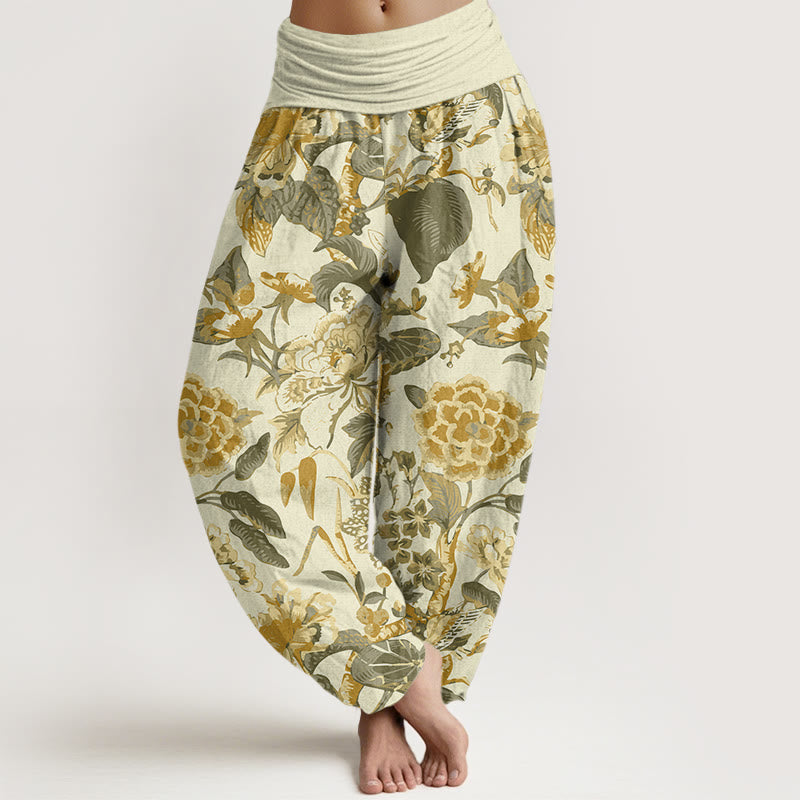 Buddha Stones Lotus Leaf Peony Pattern Women's Elastic Waist Harem Pants