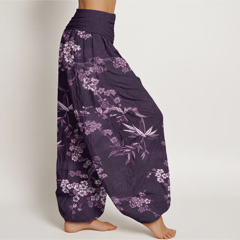 Buddha Stones White Sakura Flower Pattern Women's Elastic Waist Harem Pants