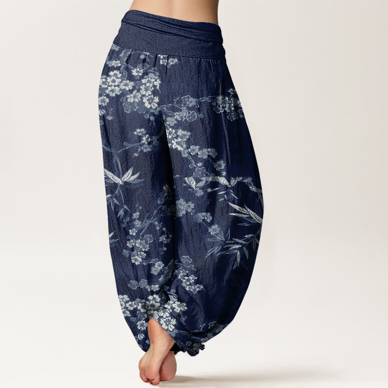 Buddha Stones White Sakura Flower Pattern Women's Elastic Waist Harem Pants