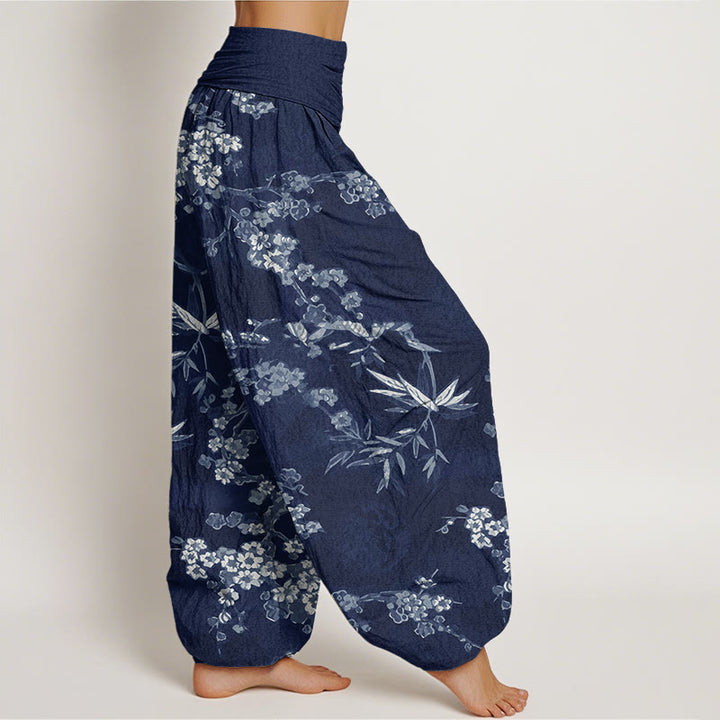 Buddha Stones White Sakura Flower Pattern Women's Elastic Waist Harem Pants - image 1
