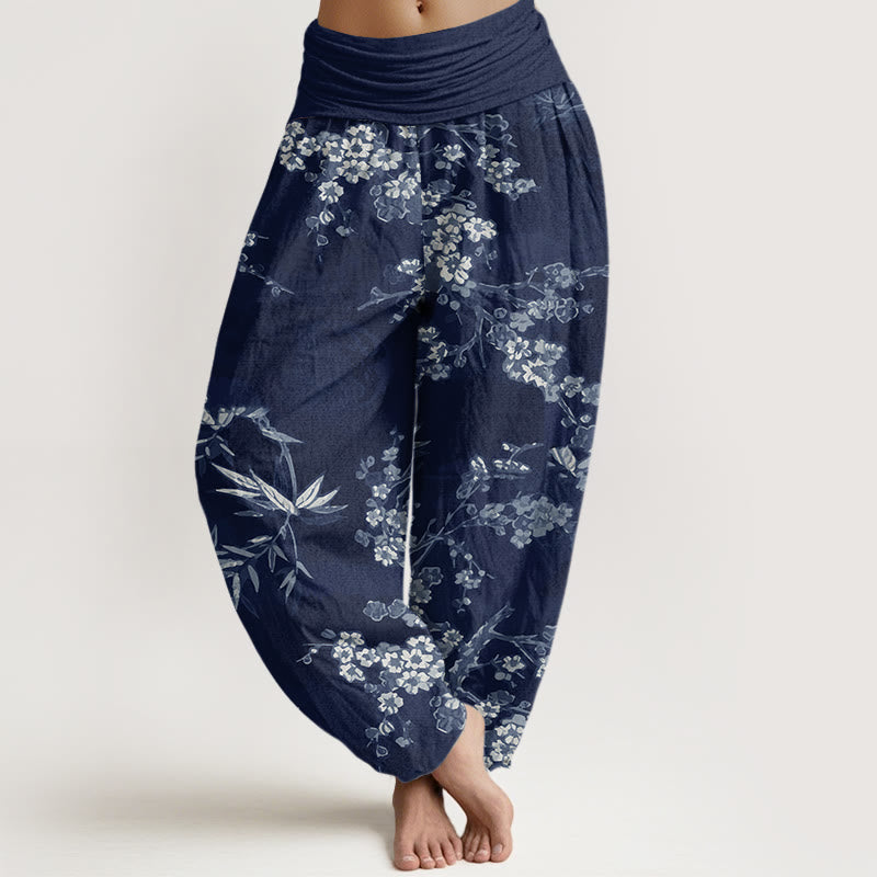 Buddha Stones White Sakura Flower Pattern Women's Elastic Waist Harem Pants - MidnightBlue - US22，UK/AU26，EU54 (6XL) - image 1
