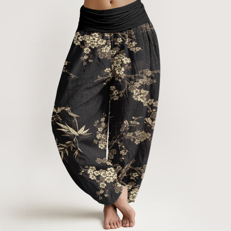 Buddha Stones Cotton White Sakura Flower Pattern Women's Elastic Waist Harem Pants - Black - US22，UK/AU26，EU54 (6XL) - image 7