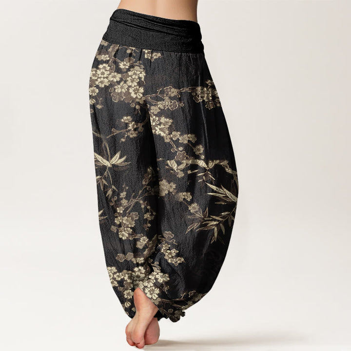 Buddha Stones Cotton White Sakura Flower Pattern Women's Elastic Waist Harem Pants - image 9
