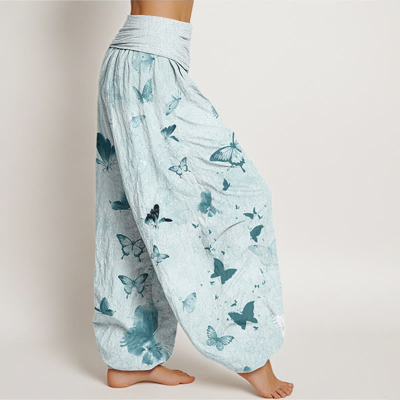 Buddha Stones Casual Butterfly Ink Painting Women's Elastic Waist Harem Pants