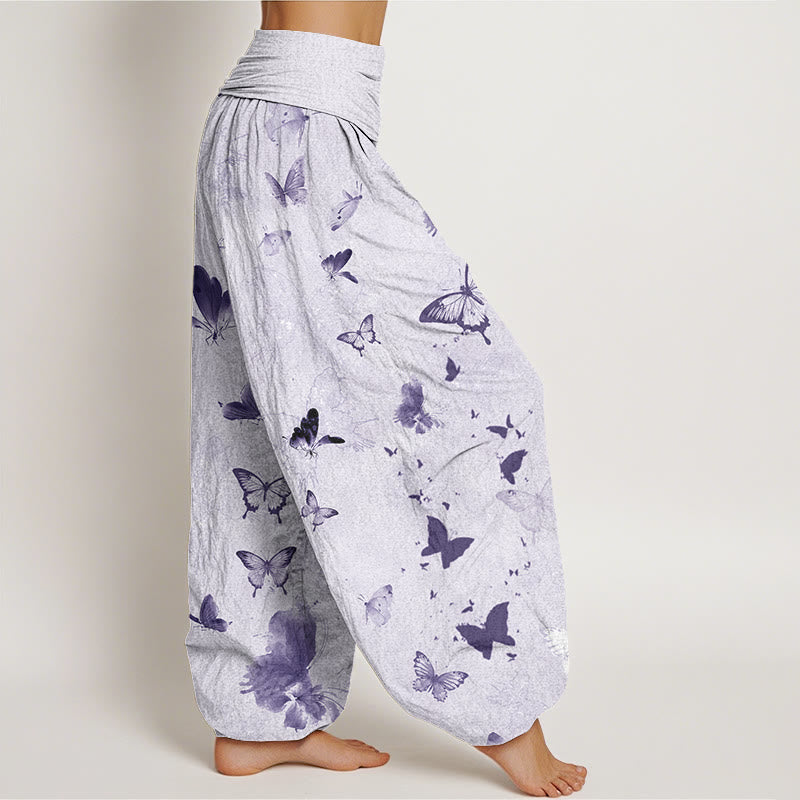 Buddha Stones Casual Butterfly Ink Painting Women's Elastic Waist Harem Pants