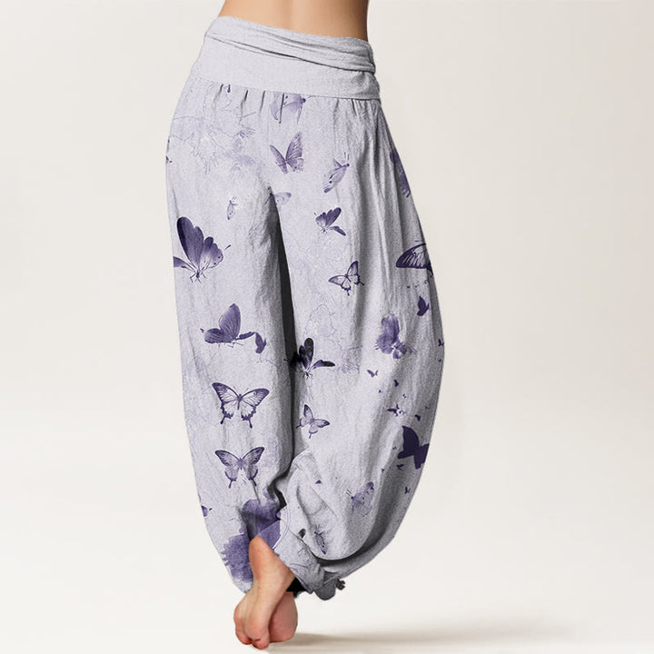 Buddha Stones Casual Butterfly Ink Painting Women's Elastic Waist Harem Pants