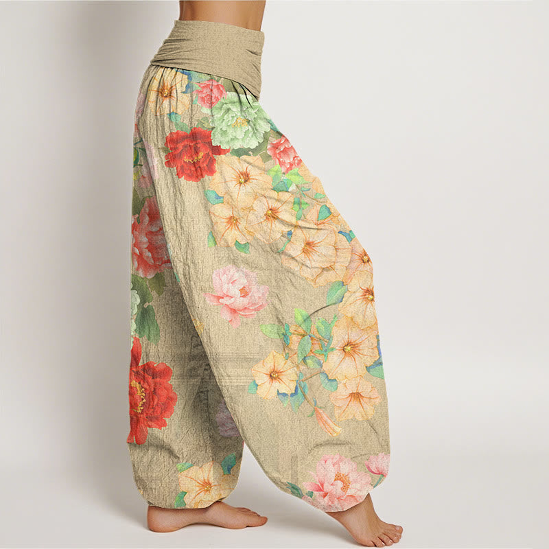 Buddha Stones Casual Peony Flower Women's Elastic Waist Harem Pants