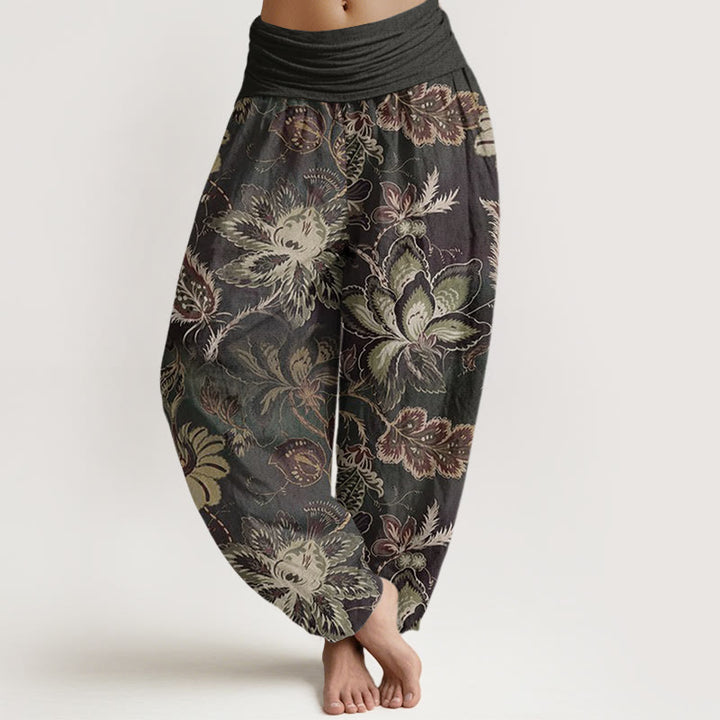 Buddha Stones Cotton Casual Floral Leaves Women's Elastic Waist Harem Pants - DimGray - US22，UK/AU26，EU54 (6XL) - image 0