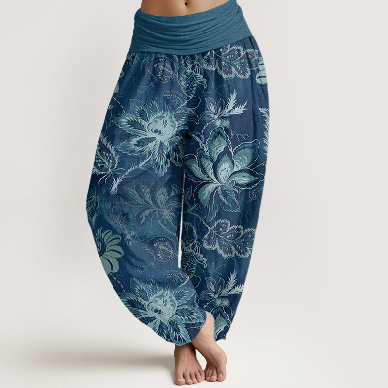 Buddha Stones Cotton Casual Floral Leaves Women's Elastic Waist Harem Pants - SteelBlue - US22，UK/AU26，EU54 (6XL) - image 4