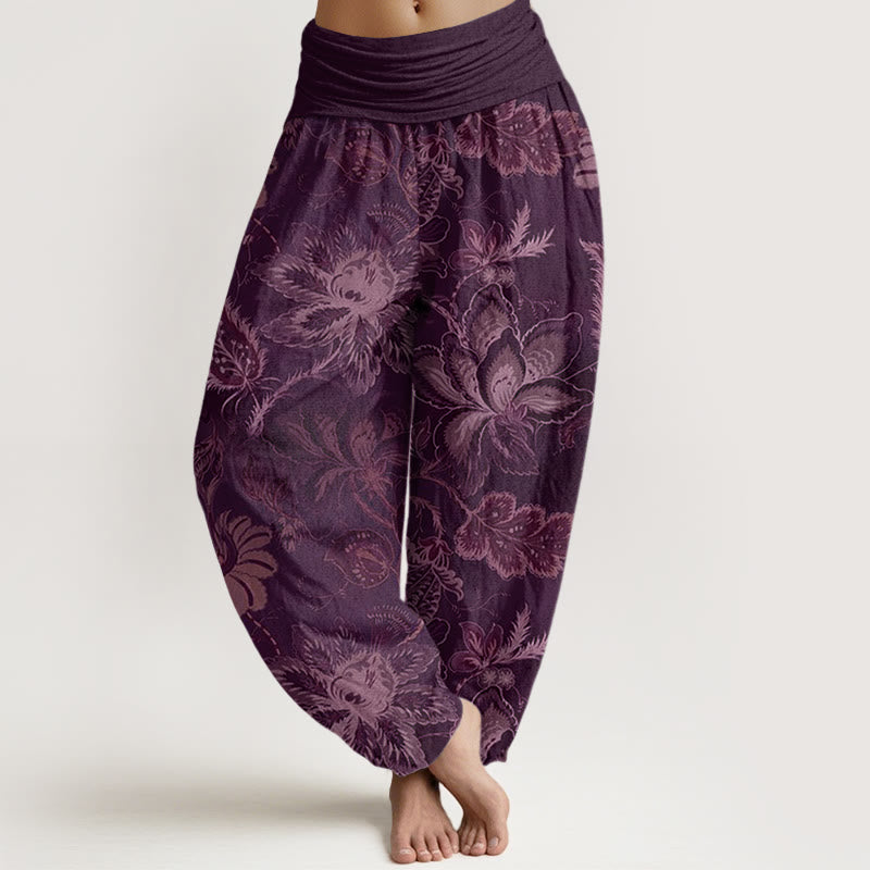 Buddha Stones Cotton Casual Floral Leaves Women's Elastic Waist Harem Pants - Purple - US22，UK/AU26，EU54 (6XL) - image 7