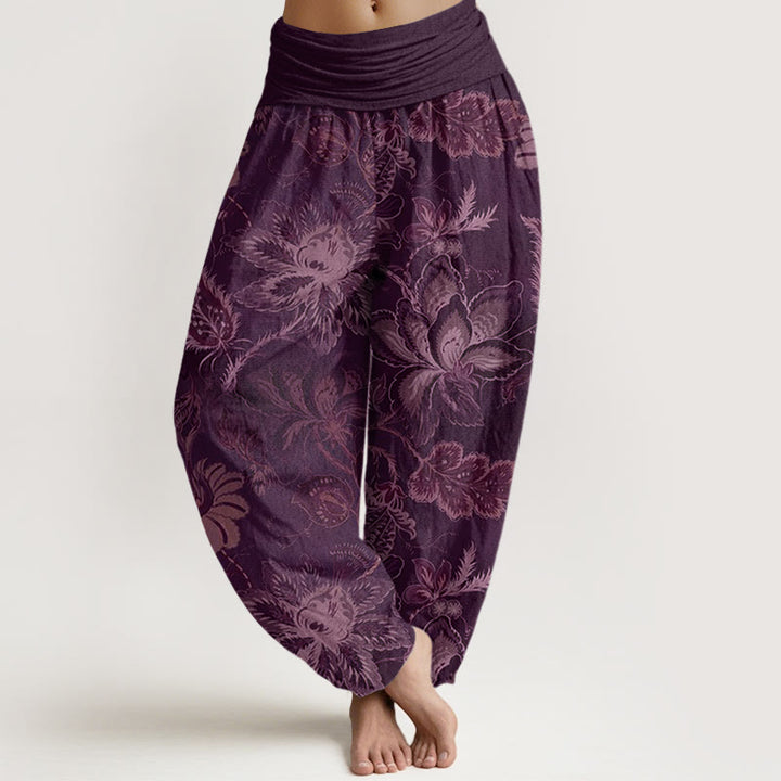 Buddha Stones Cotton Casual Floral Leaves Women's Elastic Waist Harem Pants - Purple - US22，UK/AU26，EU54 (6XL) - image 7