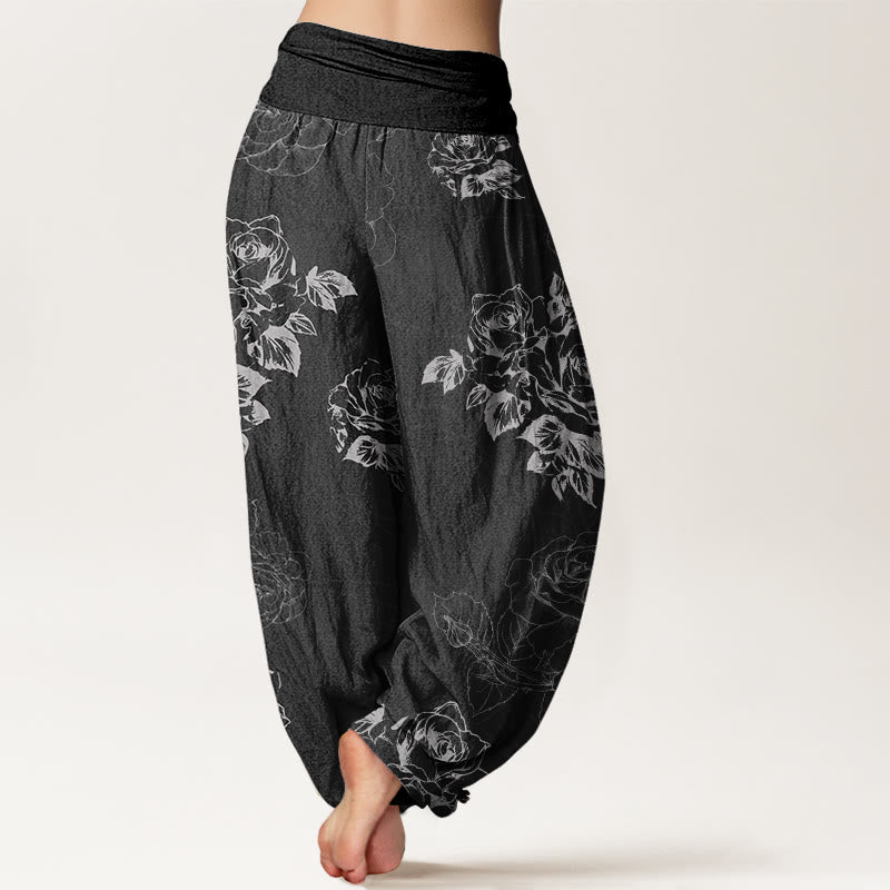 Buddha Stones Casual Rose Peony Flowers Women's Elastic Waist Harem Pants