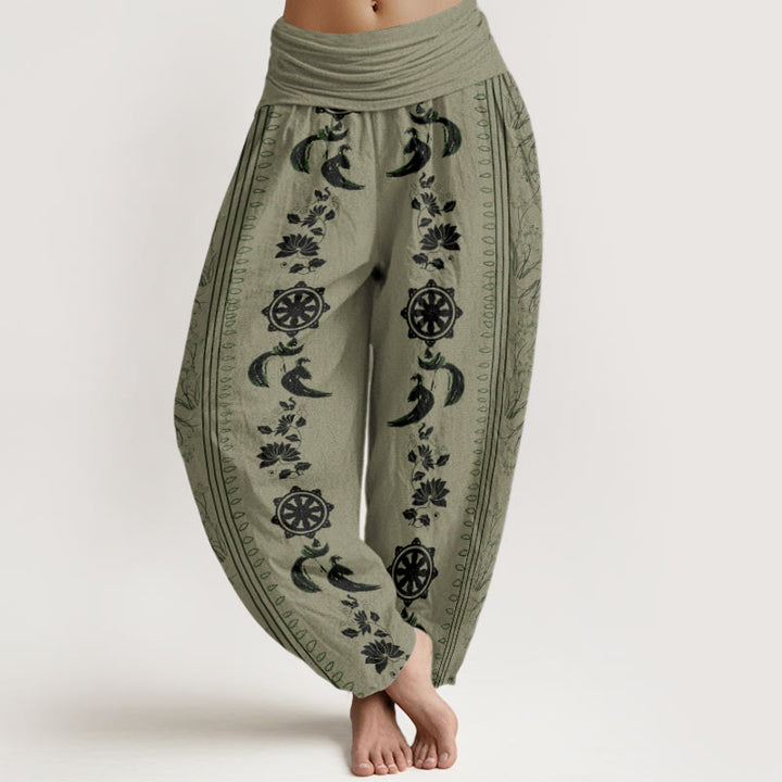 Buddha Stones Dharma Wheel Lotus OM Pattern Women's Elastic Waist Harem Pants